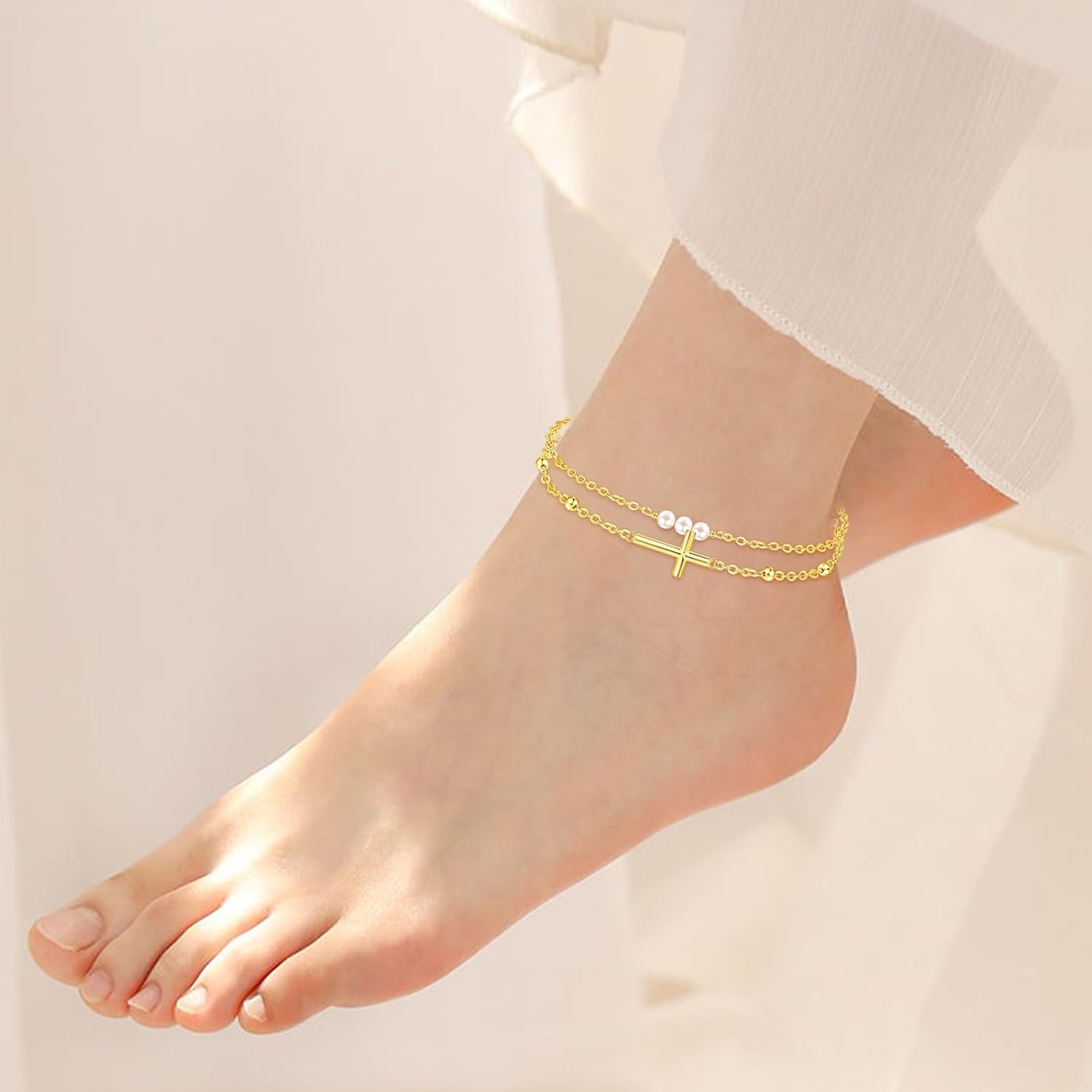 Palpitate Cross Anklet for Women Pearl Cross Ankle Bracelets 14K Gold Plated Adjustable Layered Foot Bead Chain for Women