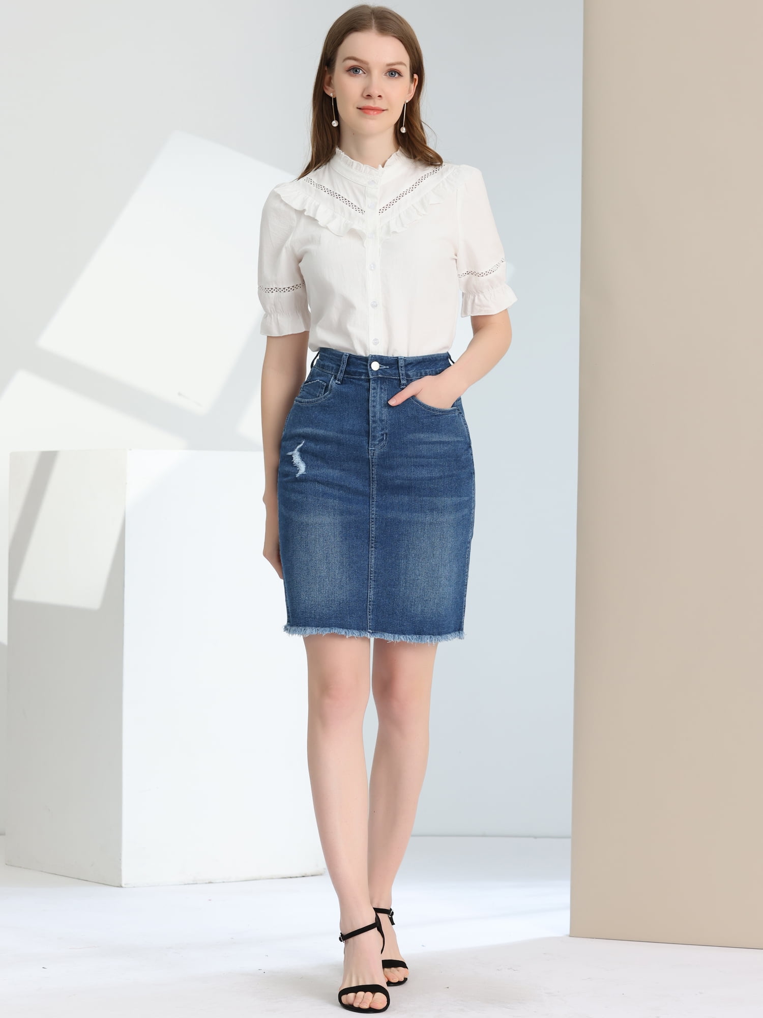 DARING DIVA Women's Ripped Hem Washed Jeans Denim Skirt XL Vintage Blue