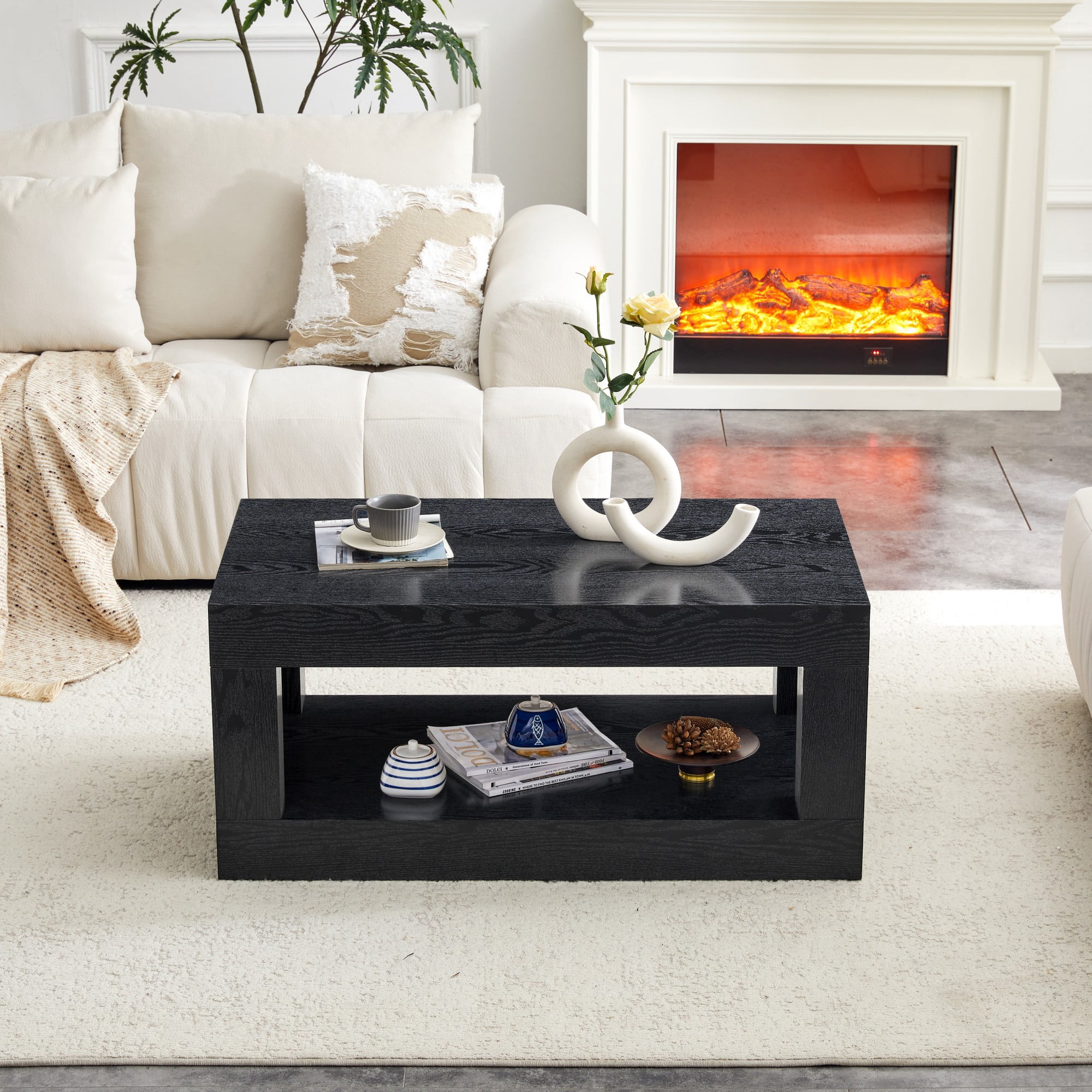 Alvantor 40-Inch Black 2-Tier Coffee Table with Open Shelf
