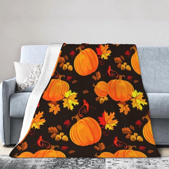 Couverture d'Automne Citrouille Couverture d'Automne Décor de l'Action de Grâce Douce Orange Blanc Citrouilles Polaire Flanelle Jetés Confortable Peluche Décor d'Automne Couverture pour Salon Canapé Lit Adultes Enfants 80"x60 Pouces