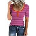 thumbnail image 1 of Camisetas de Manga Corta para las Mujeres Rayas Impreso Botón Arriba Tee, Cuello Redondo Casual Tops de Algodón para las Mujeres, 1 of 4