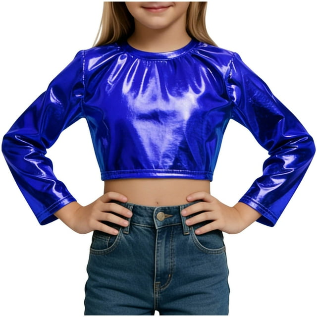 Haut Court de Performance pour Filles, Chemise à Manches Longues à Paillettes pour la Danse, Tenue de Scène en Tissu Extensible, Blouse à Col Rond pour Récitals, Haut de Costume pour Enfants pour Fêtes et Compétitions