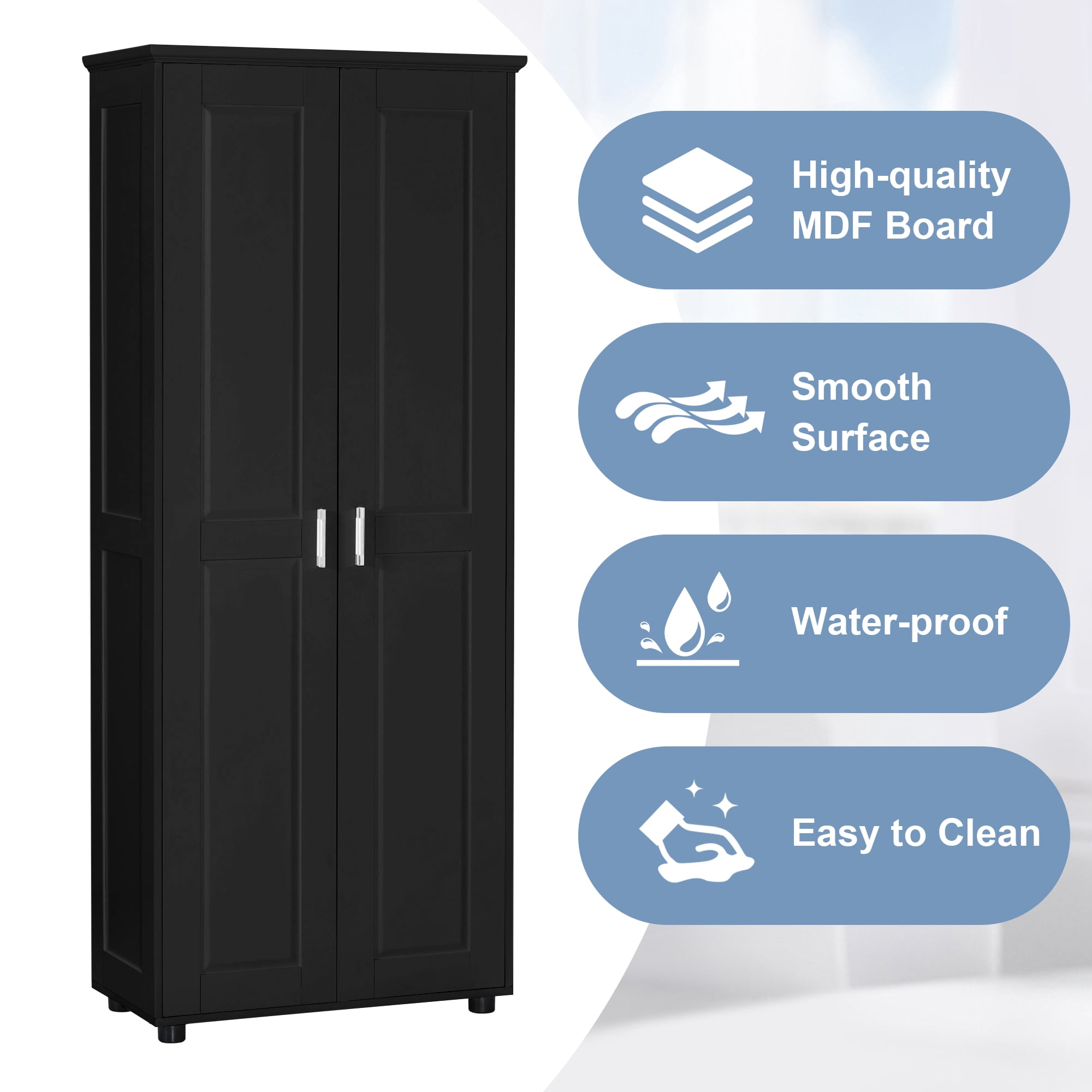 Euroco Storage Cabinet with Two Doors for Bathroom, Office, Adjustable Shelf, MDF Board, Black