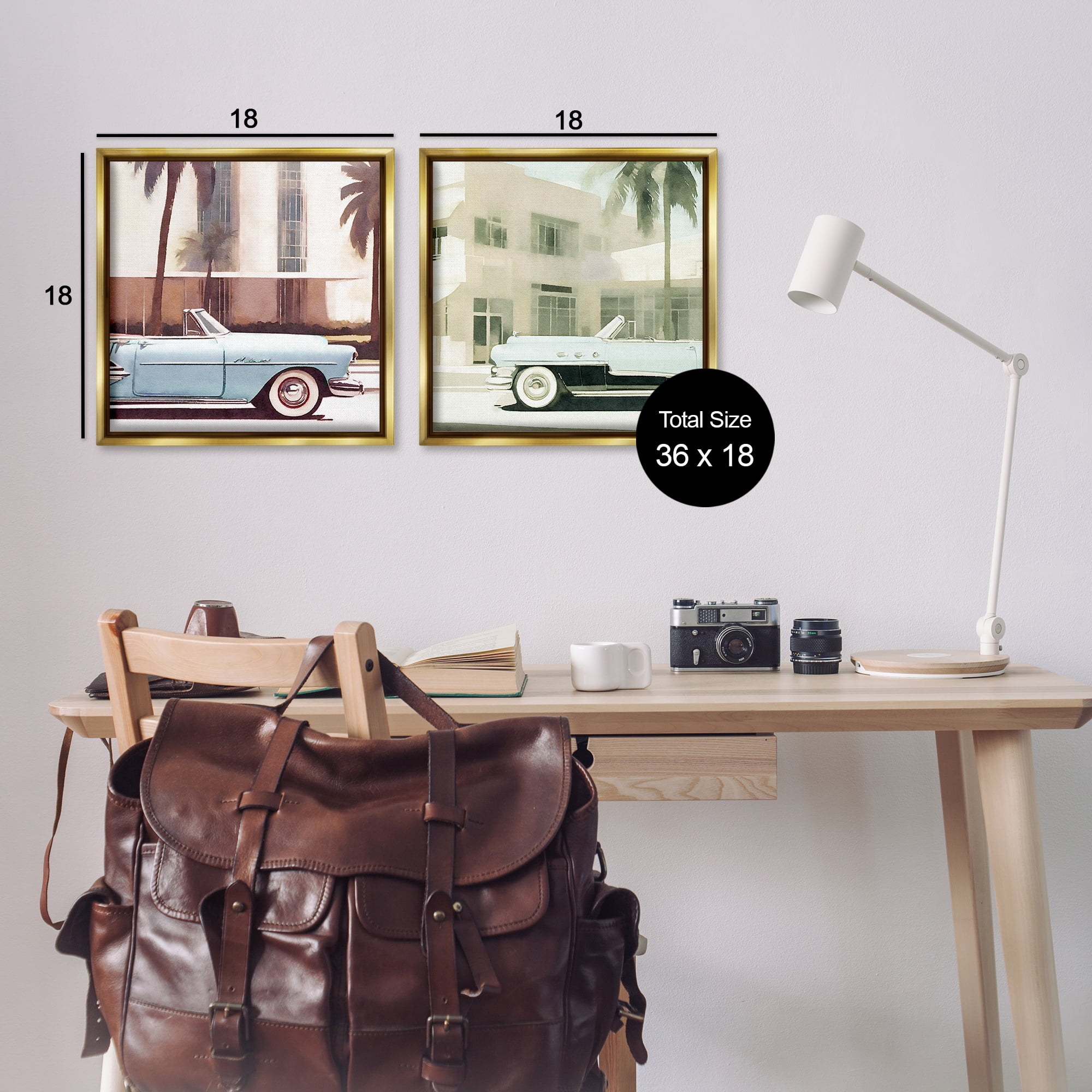 Stupell Industries Miami Cars in Summer Transportation Photography Gold Floater Framed Canvas Art Print Wall Art, 18 x 18, Set of 2