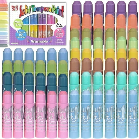 Kwik Stix Solid Tempera Paint Sticks, 72 Count Class Pack, Pastel Colors, Washable, Quick-Drying, Non-Toxic