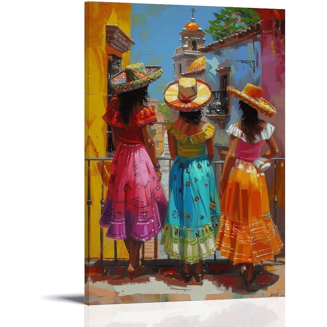 Arte Mural: Tres Mujeres con Sombreros en Pueblo Mexicano, Decoración para Hogar y Restaurantes