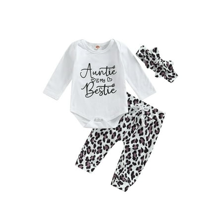 

Tregren Baby Girls Boys Clothes Sets Letter Long Sleeve Romper Leopard Printed Pants Headband