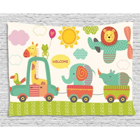 Kids Tapestry, Train with Baby Jungle Animals Saying Welcome African Safari Theme Nursery Design, Wall Hanging for Bedroom Living Room Dorm Decor, 60W X 40L Inches, Multicolor, by Ambesonne
