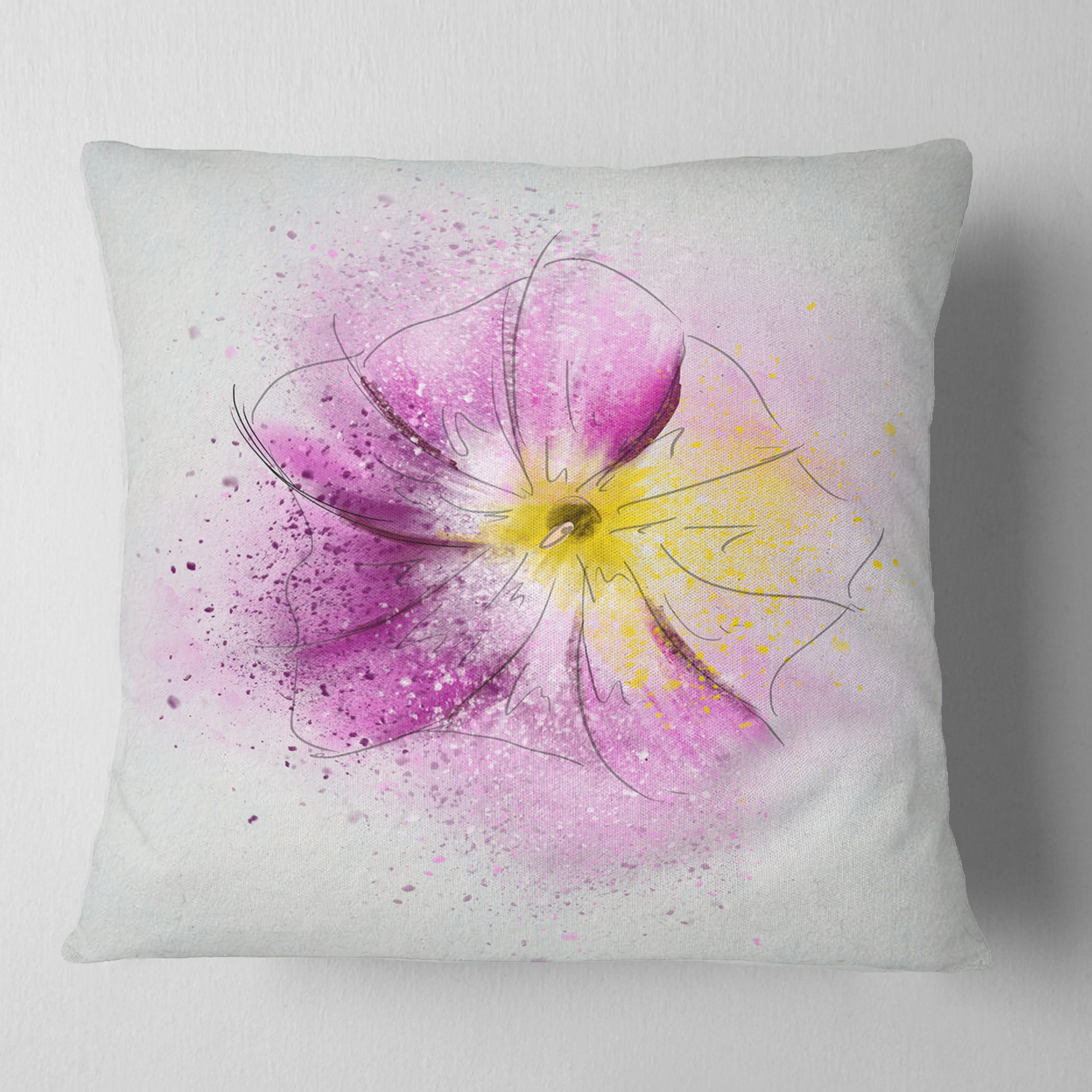 Designart Purple Flower Sketch with Splashes - Floral Throw Pillow - 18x18
