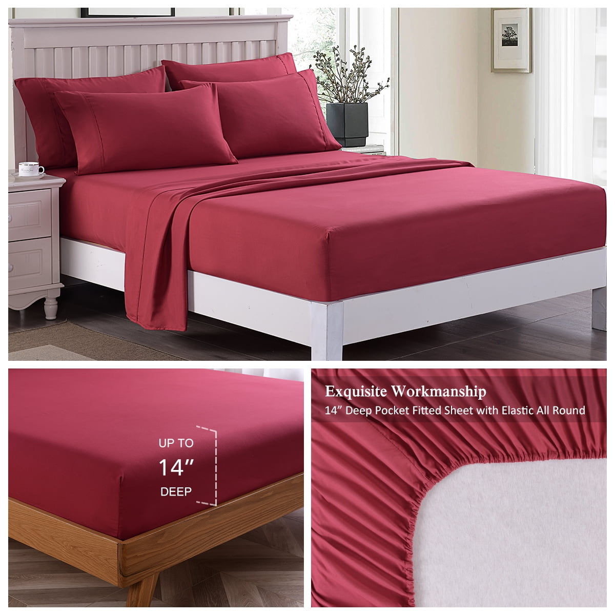 JML Bedding Queen Bed Sheets Set - 6 Piece Bedding - Brushed Microfiber 100% Polyester - Shrinkage and Fade Resistant - Easy Care (Queen, Burgundy)
