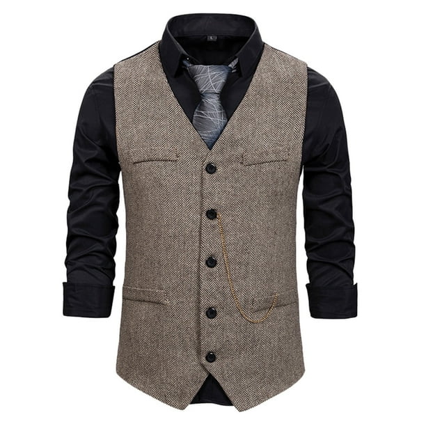 Chaleco de traje a cuadros para hombre: mezcla de algodón, corte ajustado, botonadura sencilla de 5 botones, para negocios, bodas y actividades al aire libre.