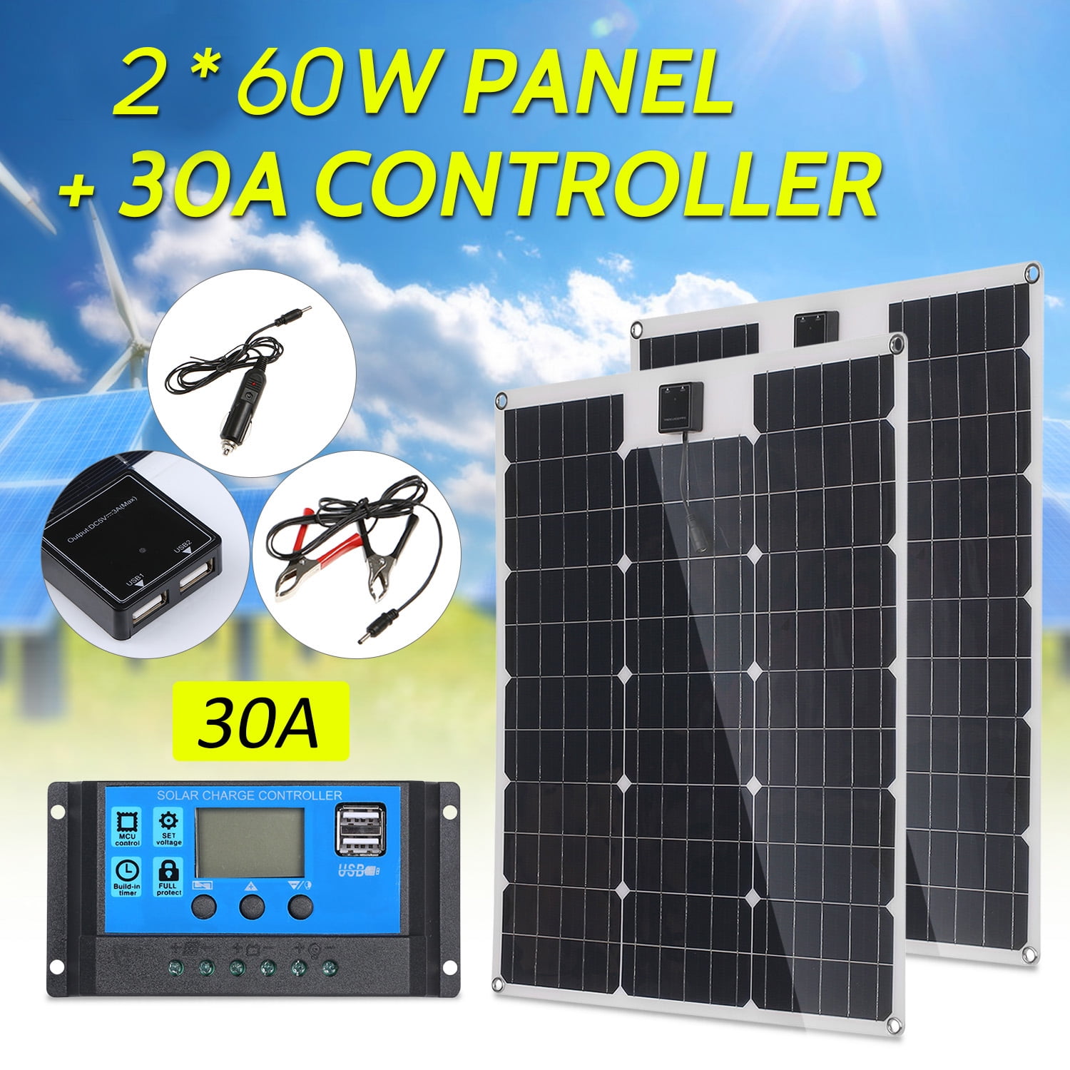 60W Flexible Solar Panel 30A 12V 24V Controller Car Charger Farmer Car