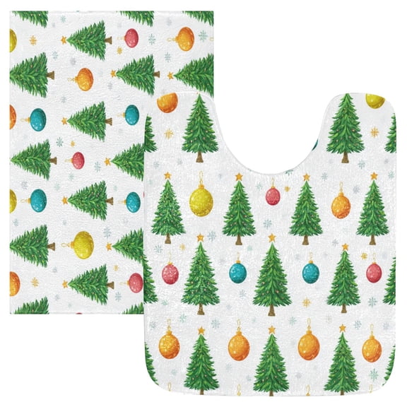 2 Piece Bath Mat Set with U-Shaped Toilet Mat and Rectangle Bath Rugs Non Slip Machine Washable Bathroom Mats Christmas Trees and Colorful Balls