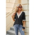 thumbnail image 2 of Anbech Deep V Neck Women Blouse Guipure Lace Shirt Solid Color Splice Trendy Short Sleeve Casual Tops, 2 of 9