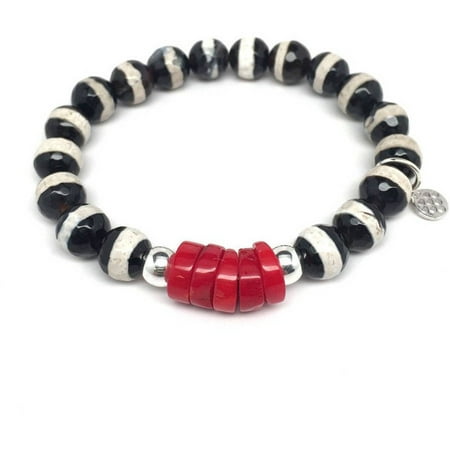 Julieta Jewelry Black and White Agate Coral Sterling Silver Stretch Bracelet