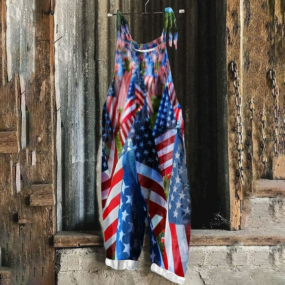 DDAPJ pyju Women Linen Overalls 4th of July Patriotic Rompers USA Flag Print Wide Leg Jumpsuit with Pockets Todays Sales Blue M