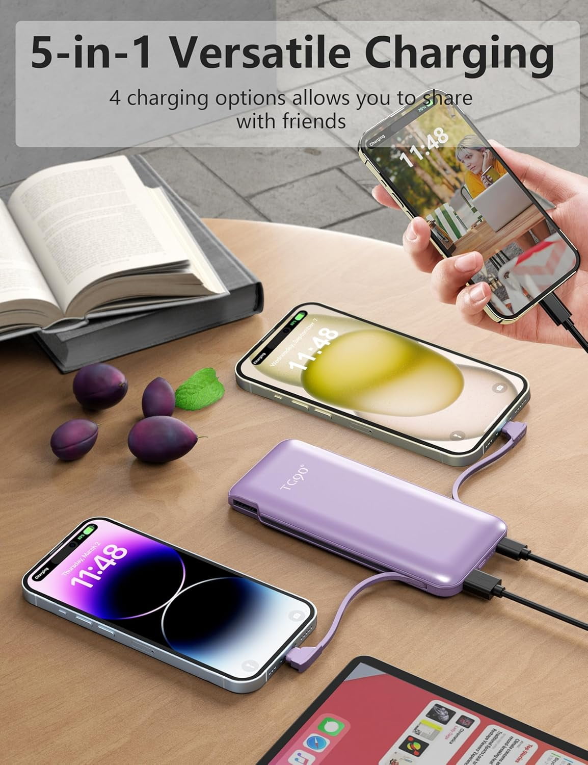 Portable Charger Power Bank with Built in Cable and AC Wall Plug, 10000mAh Fast USB C Phone Charger, Slim Thin Mini Charging Battery Pack Compatible with Smartphones and All USB-C Devices.