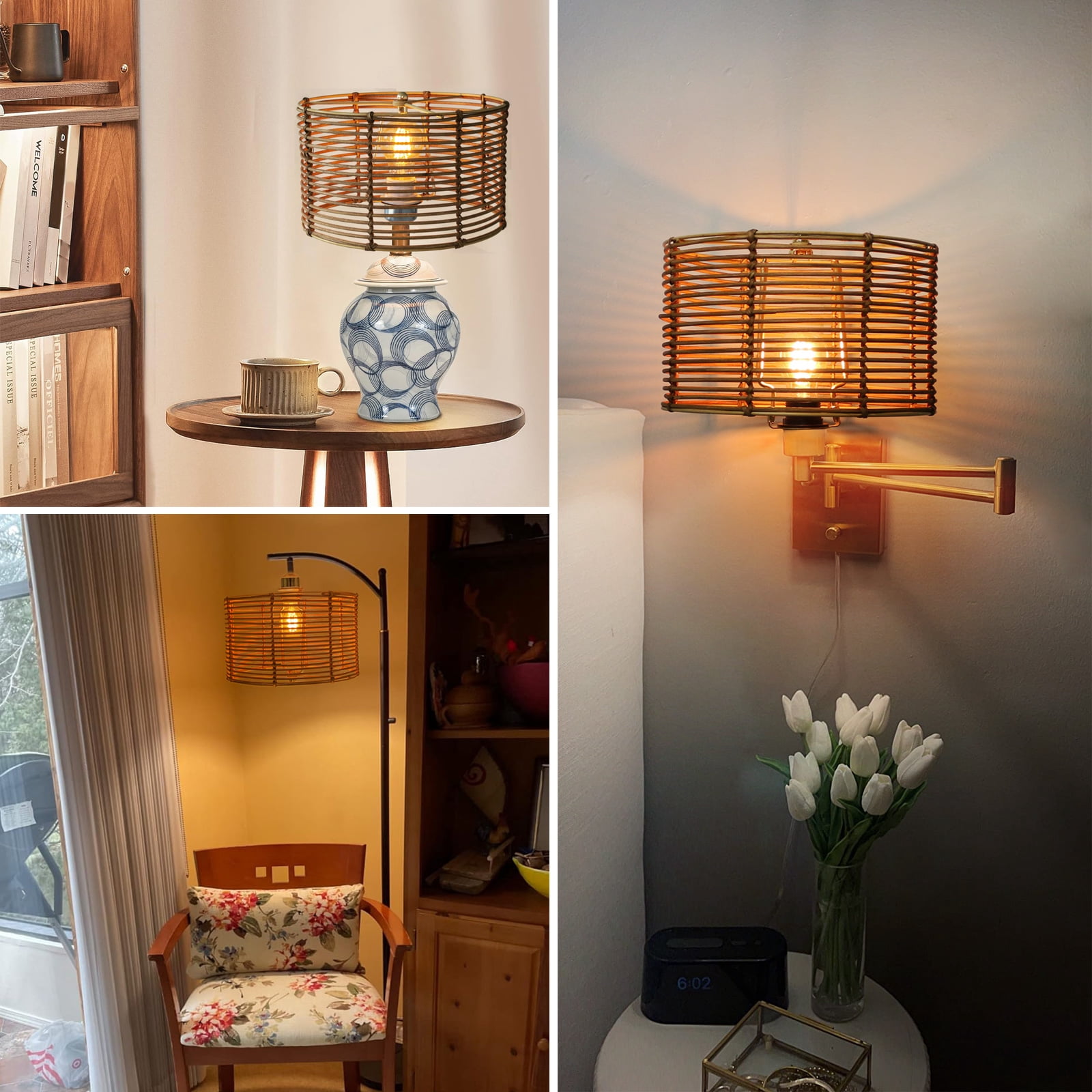 Drum Boho Lamp Shades Set of 2,rattan Lampshades Home Decor