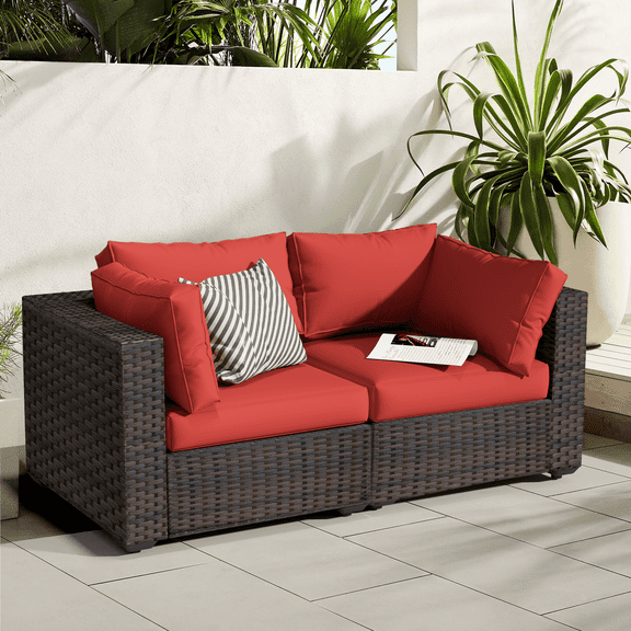 Gaildon 2 Pieces Patio Furniture Set, All Weather Outdoor Sectional PE Rattan, Patio Conversation Sets with Cushions and Glass Coffee Table for Garden Lawn Balcony Porch Deck, Red