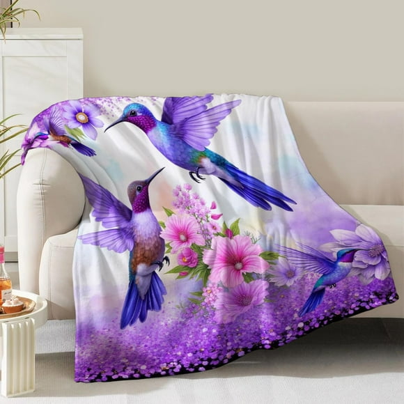 Manta NukunsKF, 152 x 127 cm, colorida, estampado floral, colibrí de peluche