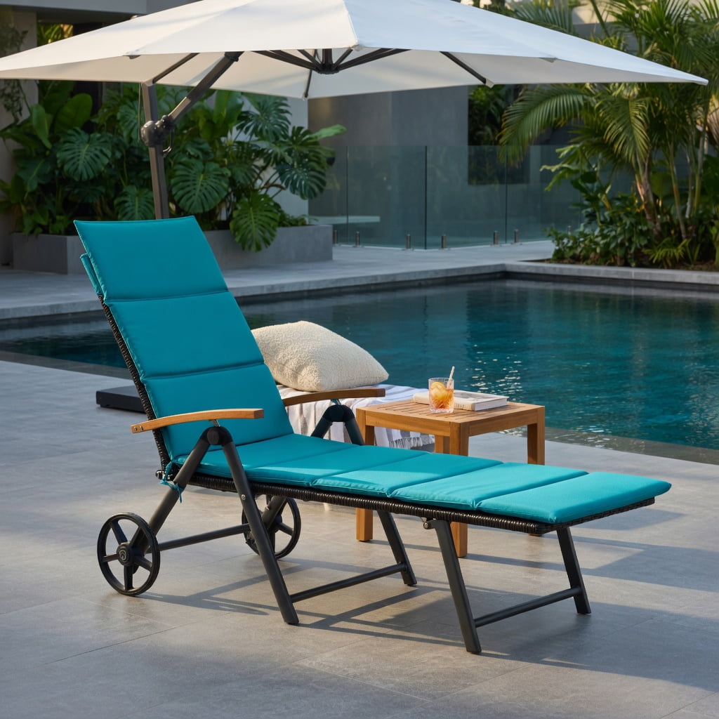 Hommoo Adjustable Outdoor Chaise Lounge Chair with PE Rattan & Cushion, Foldable, Wheeled, Turquoise