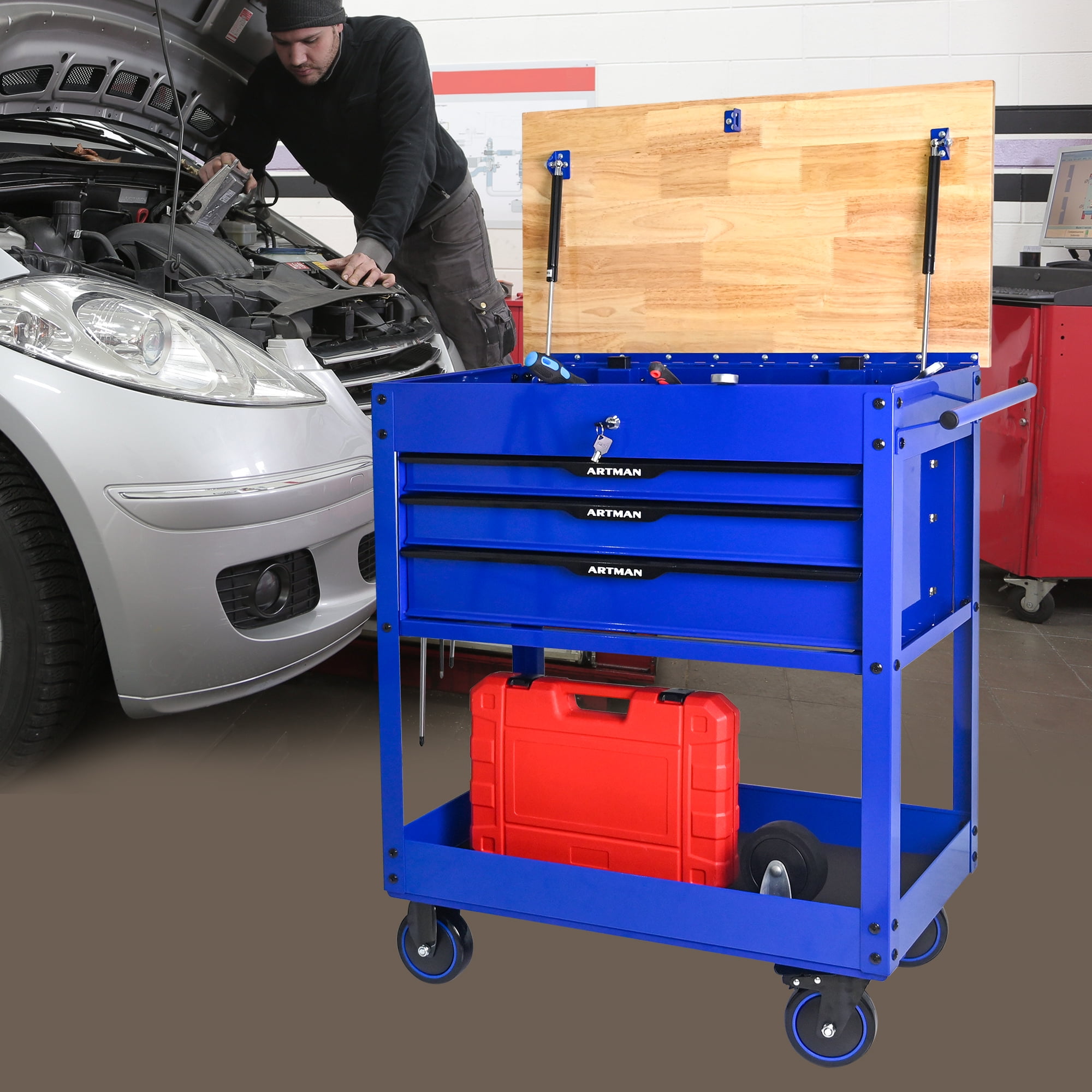 ARTMAN 3 Drawers Rolling Tool Cart, Utility Tool Box with Wheels Wood Top Mechanic Tool Storage Organizer Cabinet, Tool Chest for Garage, Warehouse, Workshop, Repair Shop