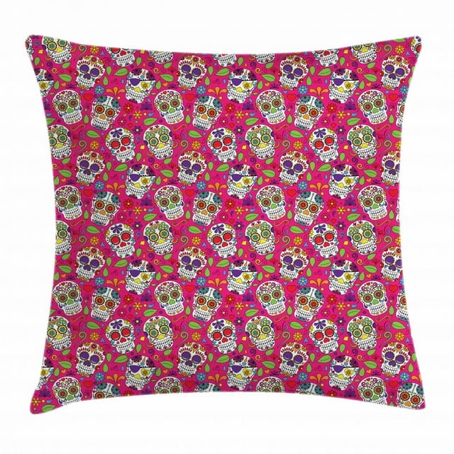 Sugar Skull Throw Pillow Cushion Cover, Mexican National Holiday Inspired Colorful Print with Repeating Doodle Skulls, Decorative Square Accent Pillow Case, 24 X 24 Inches, Multicolor, by Ambesonne