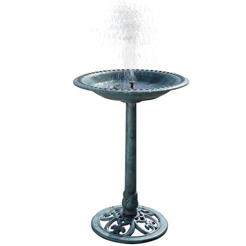 VINGLI Bird Bath with Solar Fountain 28 Inch Antique Green Resin Pedestal Birdbaths Vintage Garden Decor