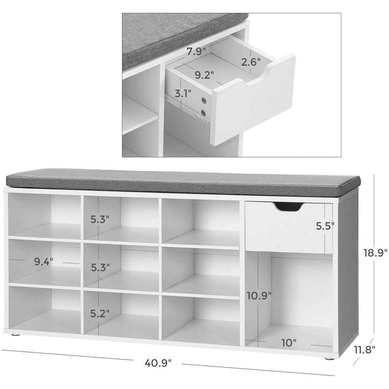 VASAGLE Storage Bench Entryway Bench with Cushion Drawer and Open Compartments Bench with Storage for Living Room White