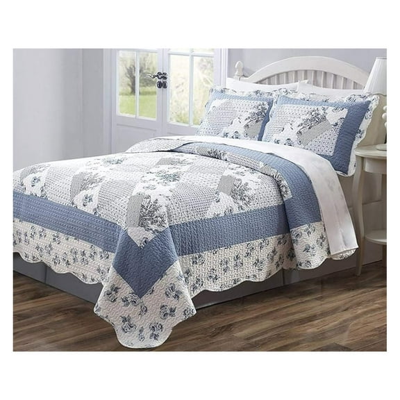 3 PCS Quilt Bedspread Coverlet Blue and White Floral Patchwork Design Microfiber King Size