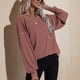 thumbnail image 5 of Jersey de mujer con cuello redondo y mangas largas abullonadas, dobladillo suelto, Top informal de Color puro con bolsillo, rojo vino M, 5 of 6