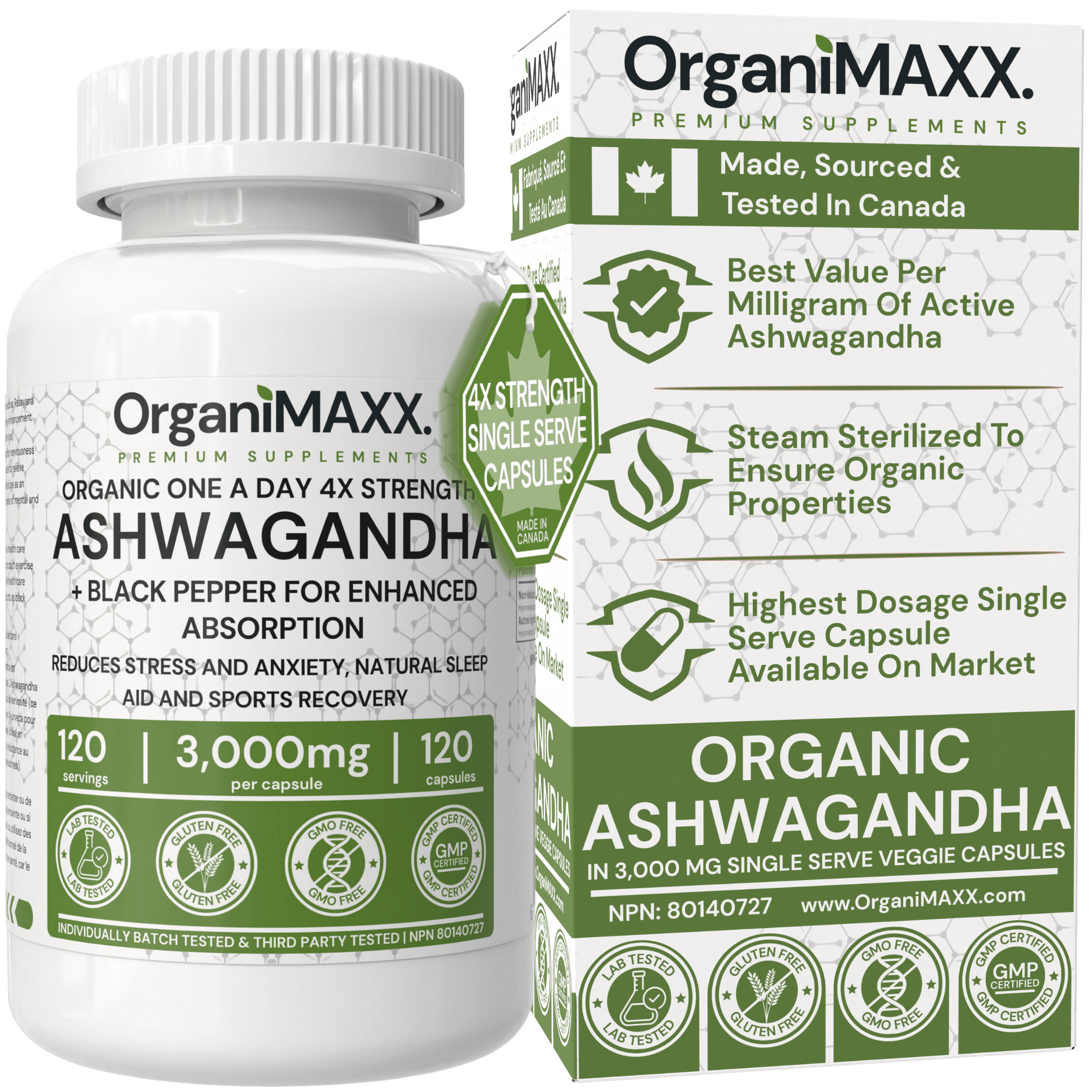 OrganiMAXX. 4X Strength Organic Ashwagandha 3,000mg PER SINGLE CAPSULE, 120 Capsules Per Bottle Ashwagandha Supplement With Black Pepper For Enhanced Absorption.