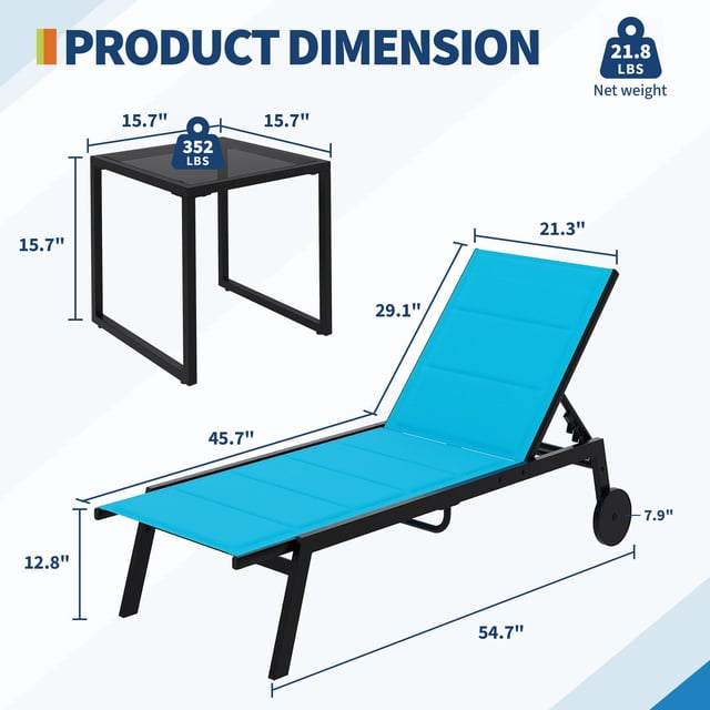 Ensemble de Chaises Longues de Patio Réglables à 5 Niveaux – Ensemble de 3 Pcs pour Bain de Soleil Extérieur avec Roues et Table d'Appoint – Mobilier de Bord de Piscine pour Cour, Pelouse, Plage, Jardin – Bleu