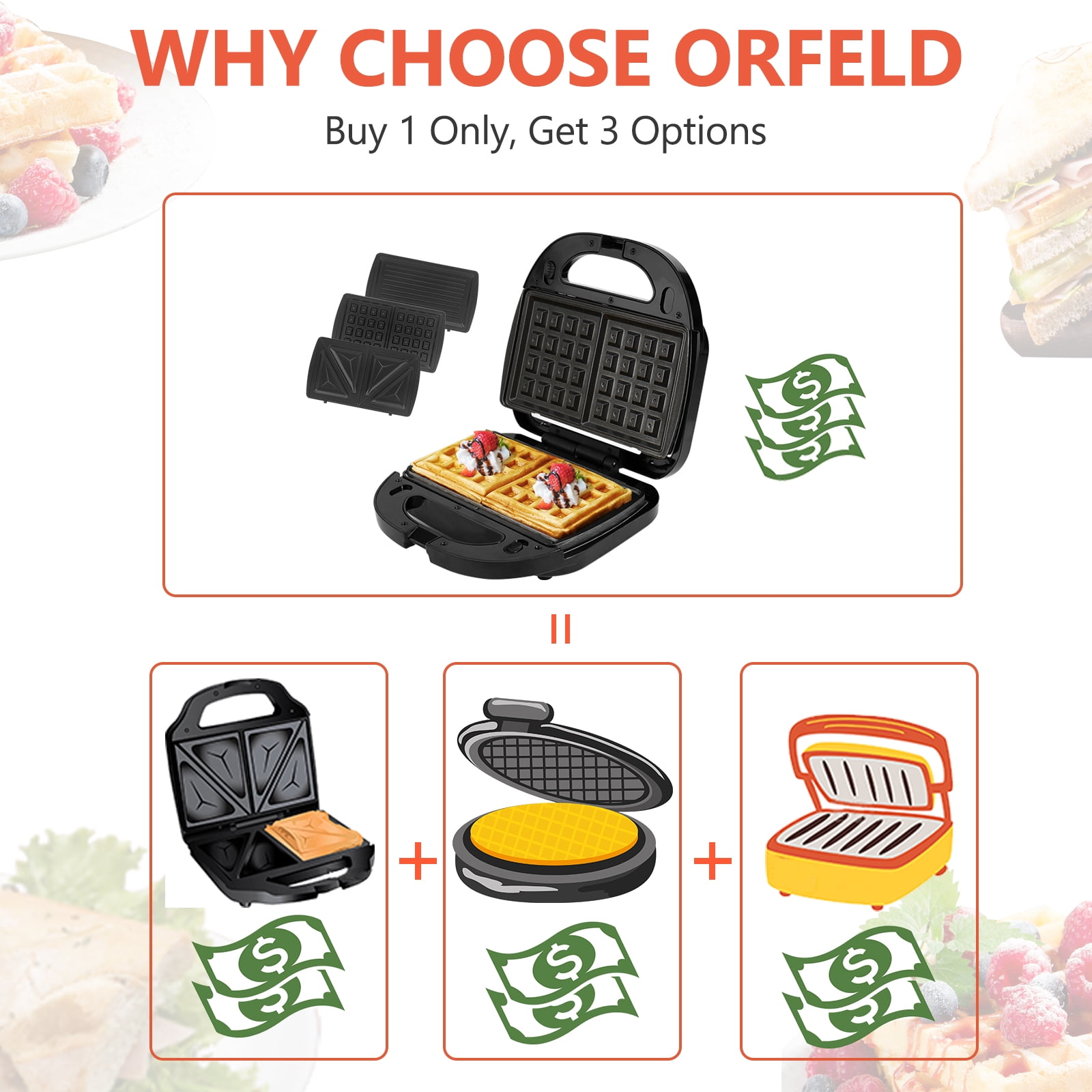 ORFELD Sandwich Maker, Panini Press Grill, 750 Watt 3 In 1 Waffle Maker Detachable Non-Stick Coating with Led Indicator Lights - 3