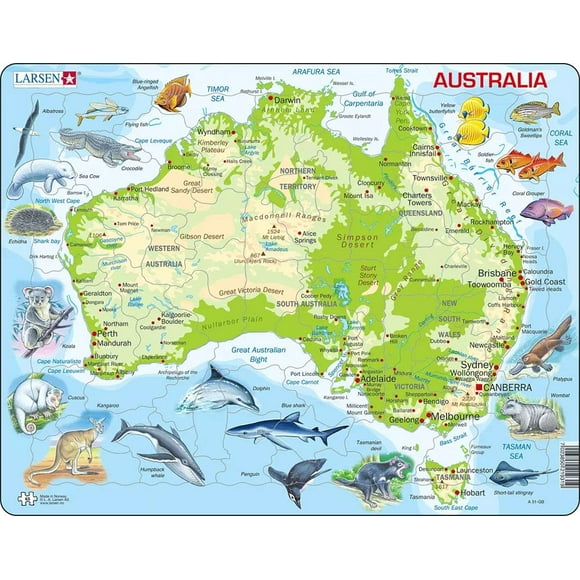 Larsen Puzzles Australie Carte avec des Animaux 65 Pièce Puzzle Éducatif pour Enfants