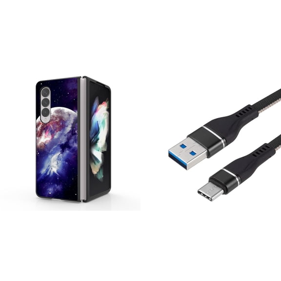 Accessory Bundle for Galaxy Z Fold 4: Slim Snap-On Case (Nebula Planet), Nylon Braided USB-C to USB-A Cable (3 Feet)