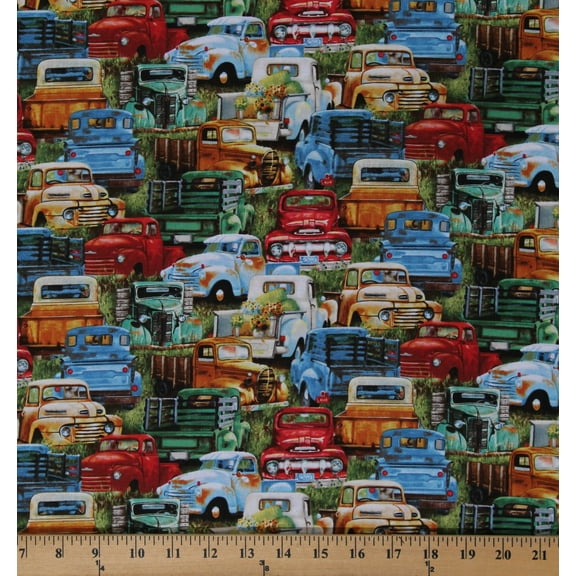 Cotton Vintage Trucks Old Vehicles Rustic Multi-Color on Green Cotton Fabric Print by the Yard (21002GREEN)