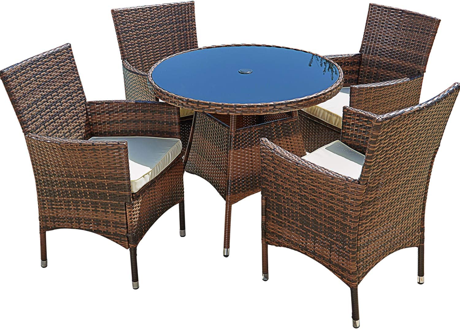 SUNCROWN Outdoor Furniture All-Weather Square Wicker Dining Table and Chairs for 4 (5-Piece Set) Washable Cushions, Patio, Backyard, Porch, Garden, Poolside, Tempered Glass Tabletop, Modern Design - image 2 of 6
