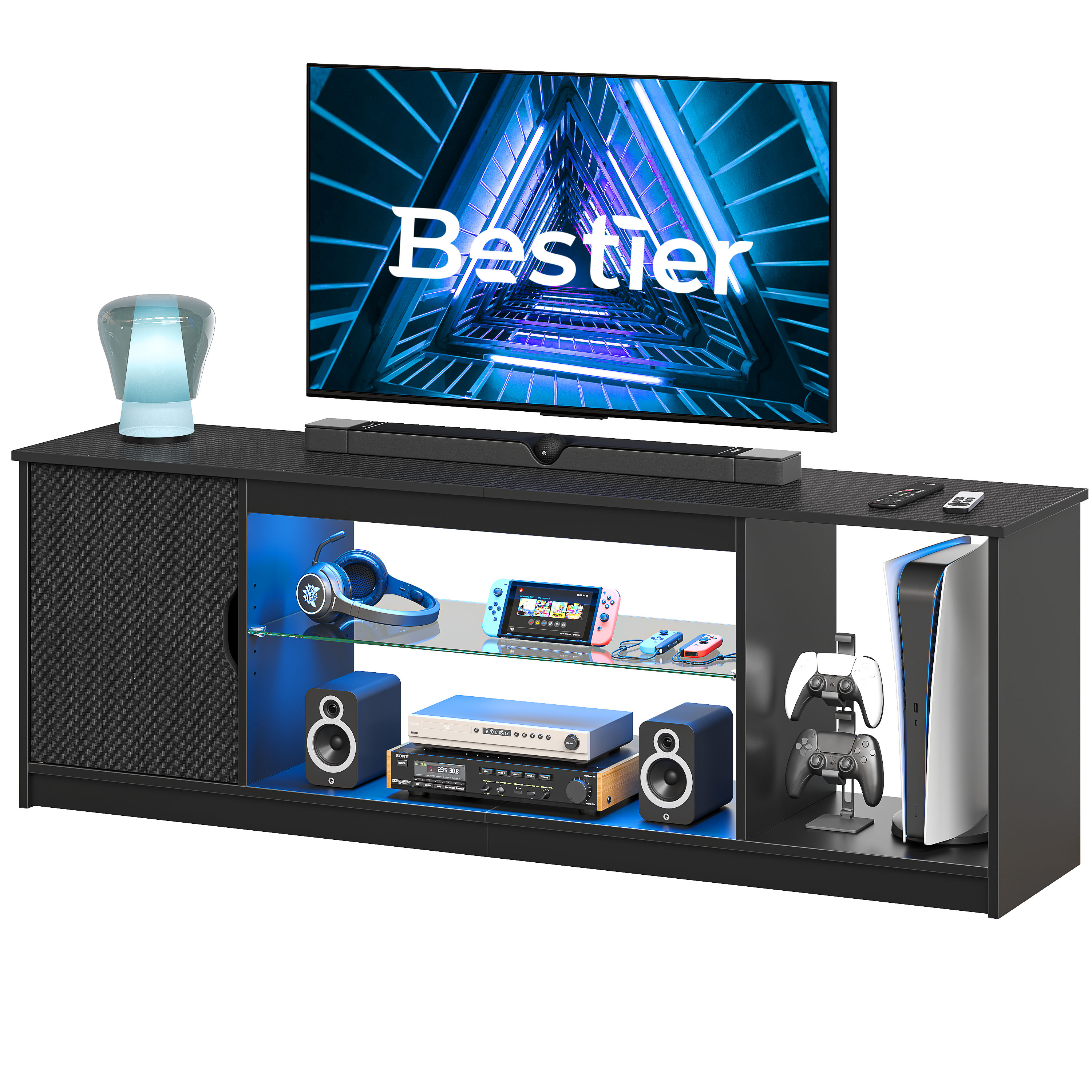Bestier LED TV Stand for 65" TV, Black Carbon Fiber photo 7