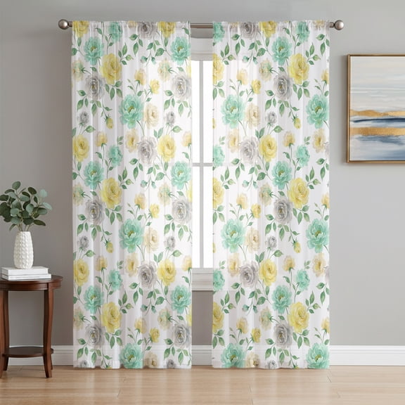 Green Yellow Roses Sheer Curtains 96 Inch Length 2 Panels Set, Farmhouse Botanical Flowers Blossom Voile Window Treatment Semi Sheer Long Curtains Drapes for Bedroom/Living Room/Kitchen 52"x96"x2