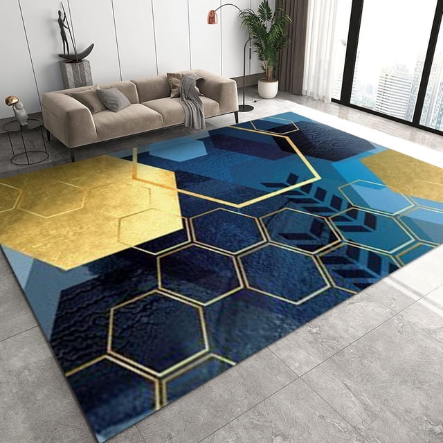 Blue Gold Hexagon Honeycomb Area Rug, Geometric Abstract Vintage Large Rugs, Indoor Non-Slip Kids Rugs, Machine Washable Breathable Durable Carpet for Front Entrance Floor Decor,5x7ft