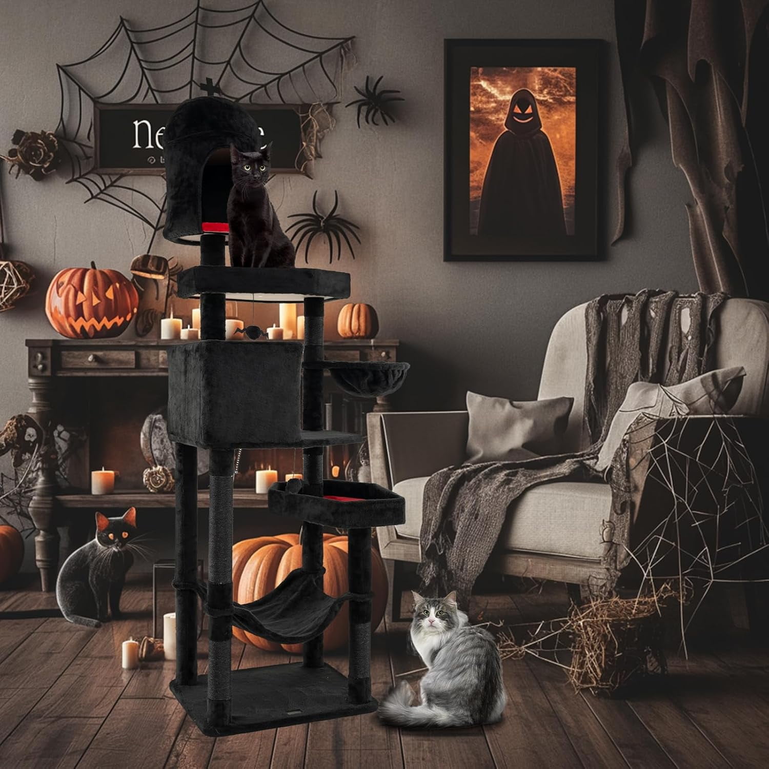 YounGG Gothic Cat Tree, 83 Inch Tall Cat Tower with Sisal Covered Scratching Posts, 2 Coffin Beds, 2 Cat Condos, Hammock, Basket Bed, Halloween Pet Furniture, Black Goth Cat Tree for Indoor Cats