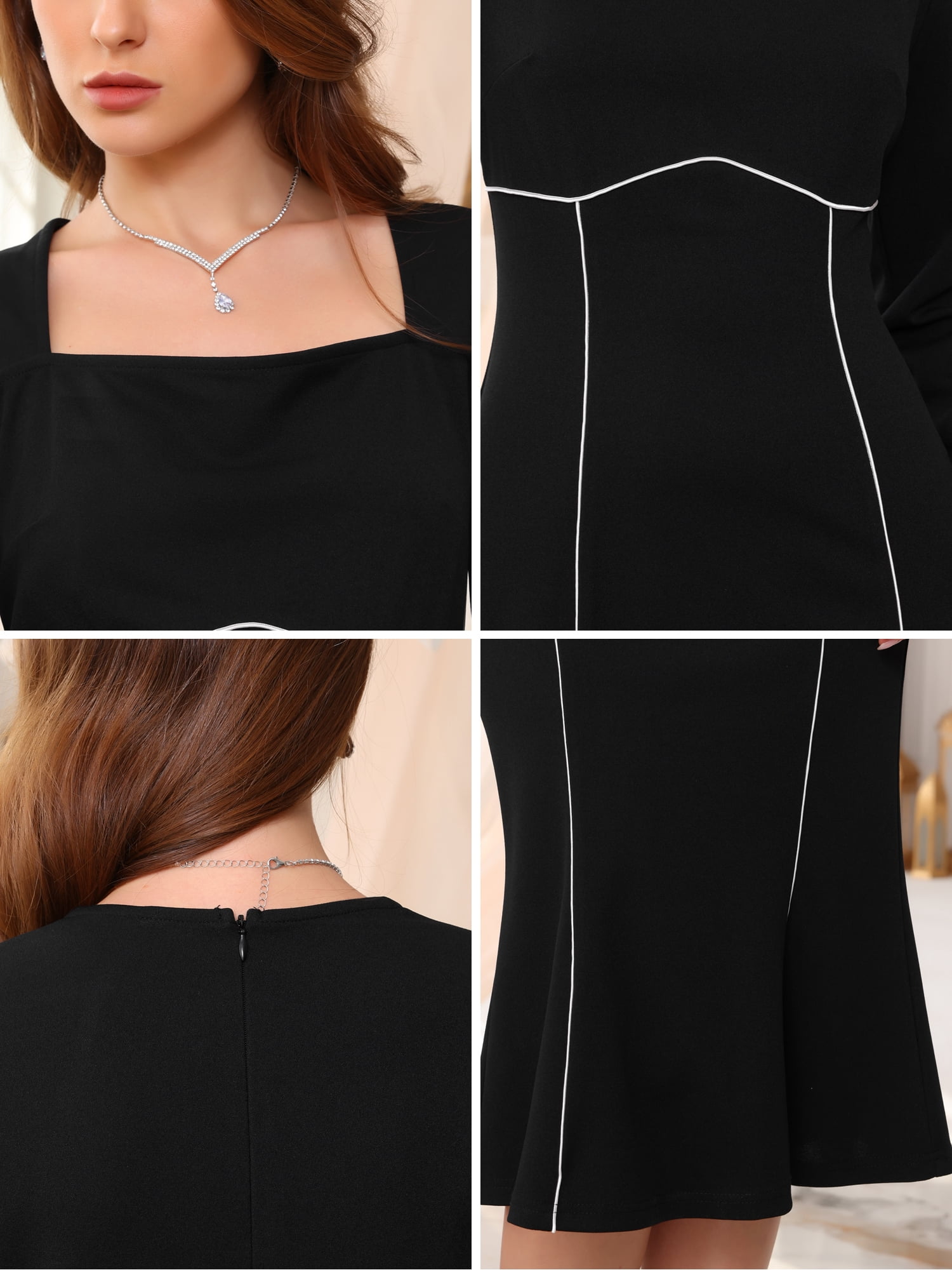 DARING DIVA Women's Cocktail Square Neck Contrast Binding Mermaid Dress S Black