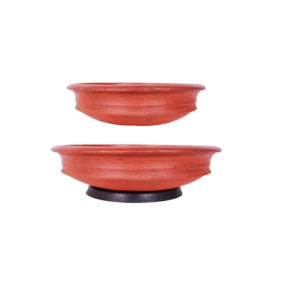 Poterie en Terre Cuite Brûlée en Profondeur Combo Kadai pour Cuisiner - Rouge, 3+4 Litres Cuisinière à Gaz & Micro-Ondes Pots en Argile Non Émaillés