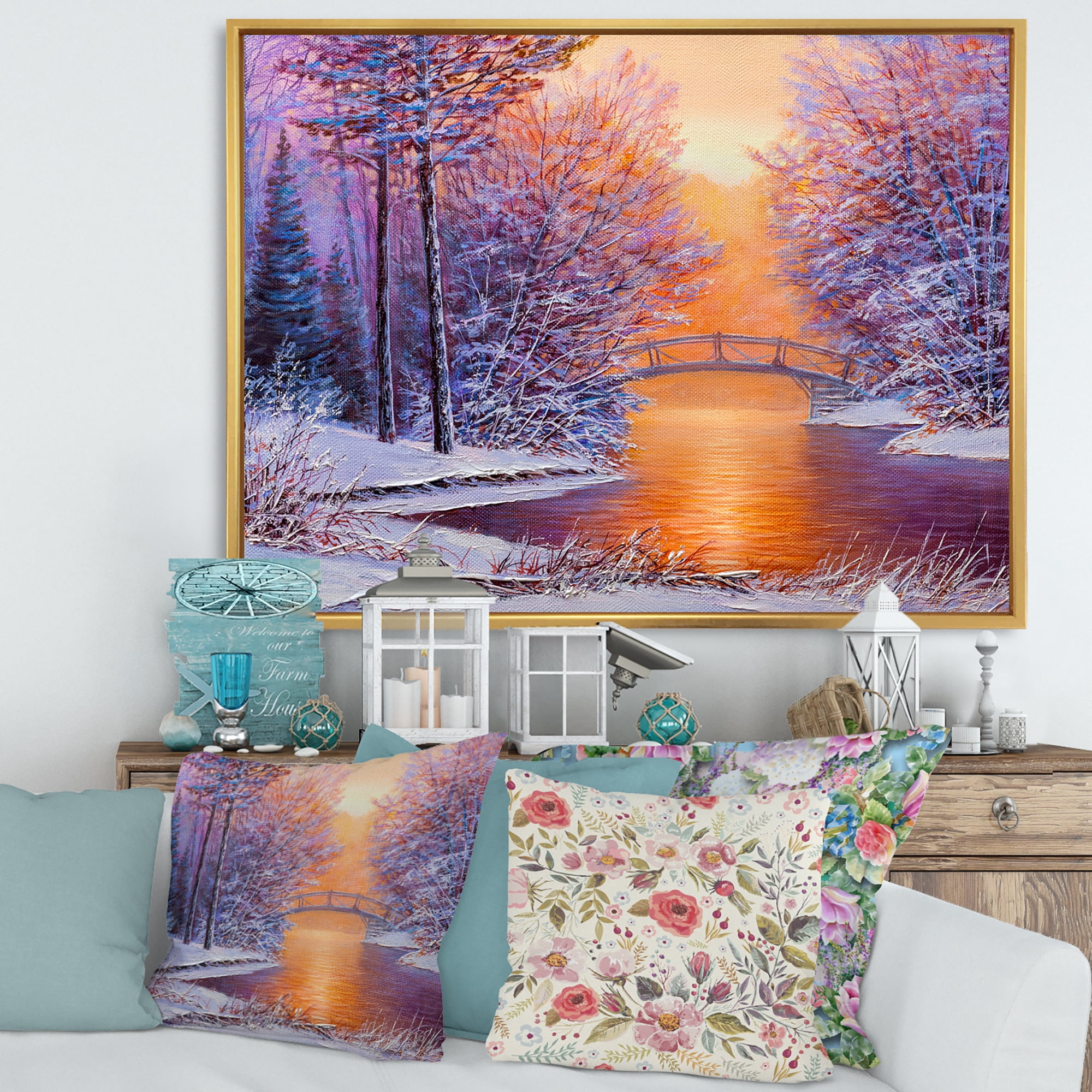 Designart 'Winter Landscape With Bridge Over The River' Traditional Framed Canvas Wall Art Print