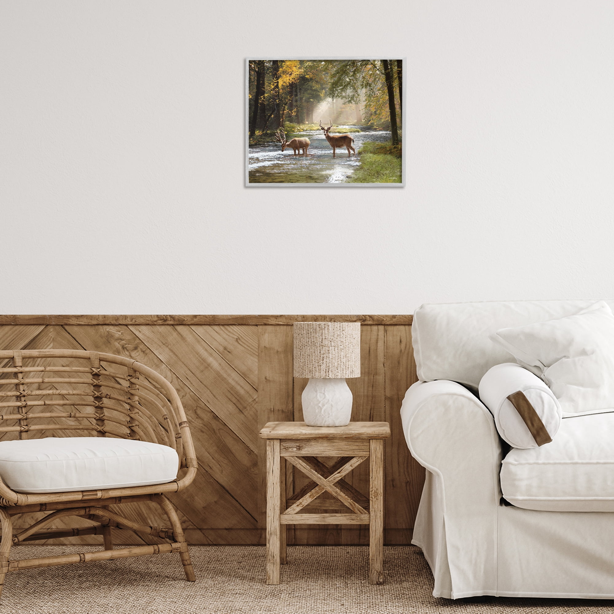 Stupell Industries Deer Grazing in Creek Landscape Painting Gray Framed Art Print Wall Art, 20 x 16