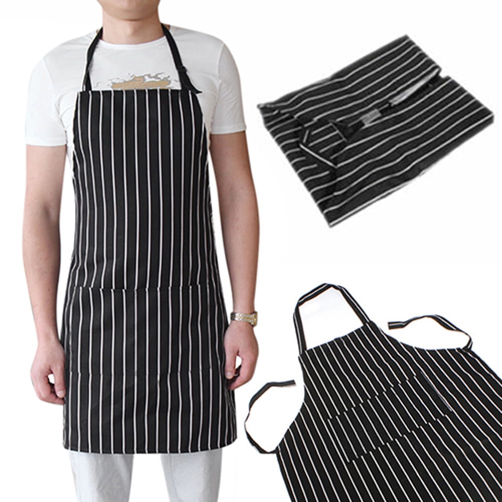 Black Adjustable Adult Stripe Bib Apron with 2 Pockets Chef Kitchen Waiter Cook 