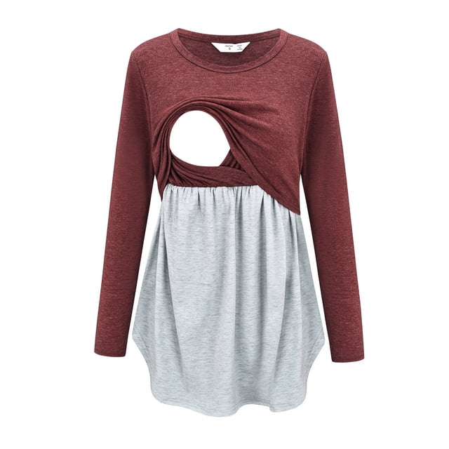EGNMCR Blouses et Chemises à Manches Longues à Col Rond Mode pour Dames Couleur Unie Fronces Coton Col Rond Manches Longues Haut d'Allaitement Blouse pour Femmes Enceintes