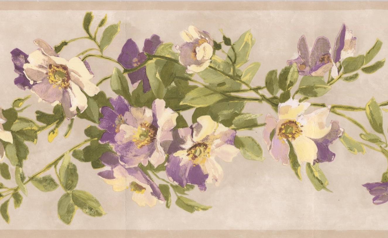 Wallpaper Border - Yellow Beige Purple Flowers on Vine ...