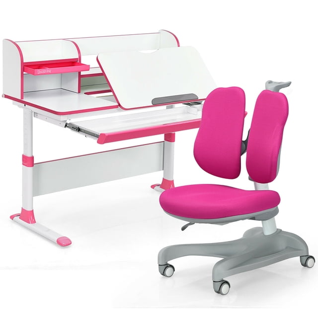 Gymax Réglable Enfants Bureau d'Étude Chaise de Table de Bureau Ensemble W / Étagère Rose